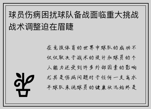 球员伤病困扰球队备战面临重大挑战战术调整迫在眉睫