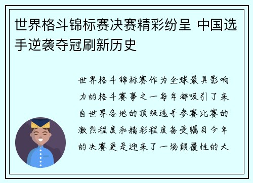 世界格斗锦标赛决赛精彩纷呈 中国选手逆袭夺冠刷新历史