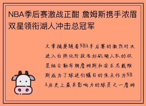 NBA季后赛激战正酣 詹姆斯携手浓眉双星领衔湖人冲击总冠军