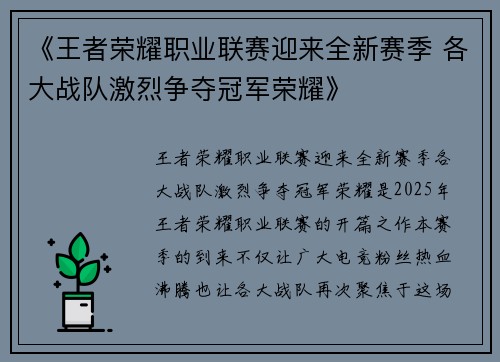 《王者荣耀职业联赛迎来全新赛季 各大战队激烈争夺冠军荣耀》
