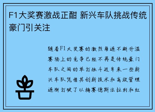 F1大奖赛激战正酣 新兴车队挑战传统豪门引关注