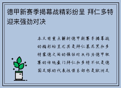 德甲新赛季揭幕战精彩纷呈 拜仁多特迎来强劲对决